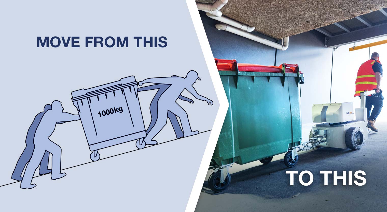 Electrodrive powered tug towing a 1100 litre waste bin