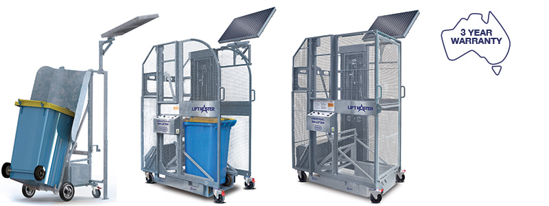 Solar powered bin lifter/tipper upgrades for off-grid applications