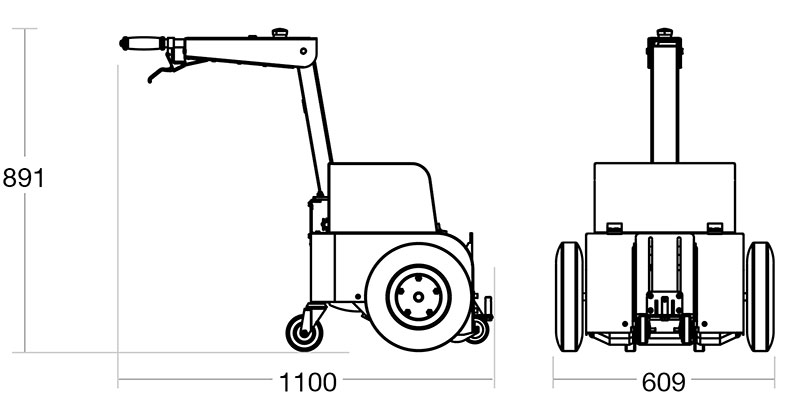 A diagram of the Tug Compact with its dimensions